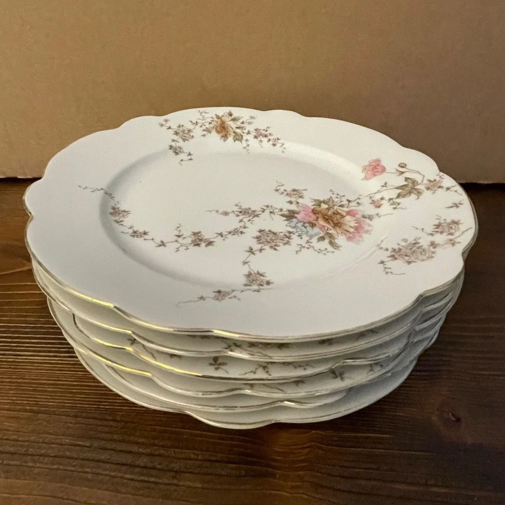 Lot of 6 Antique Haviland Limoges Plates Pink Rose Scalloped Gold Rim France